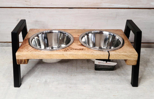 Goo-eez Mango Wood & Metal Double Feeder with Stainless Steel Bowls