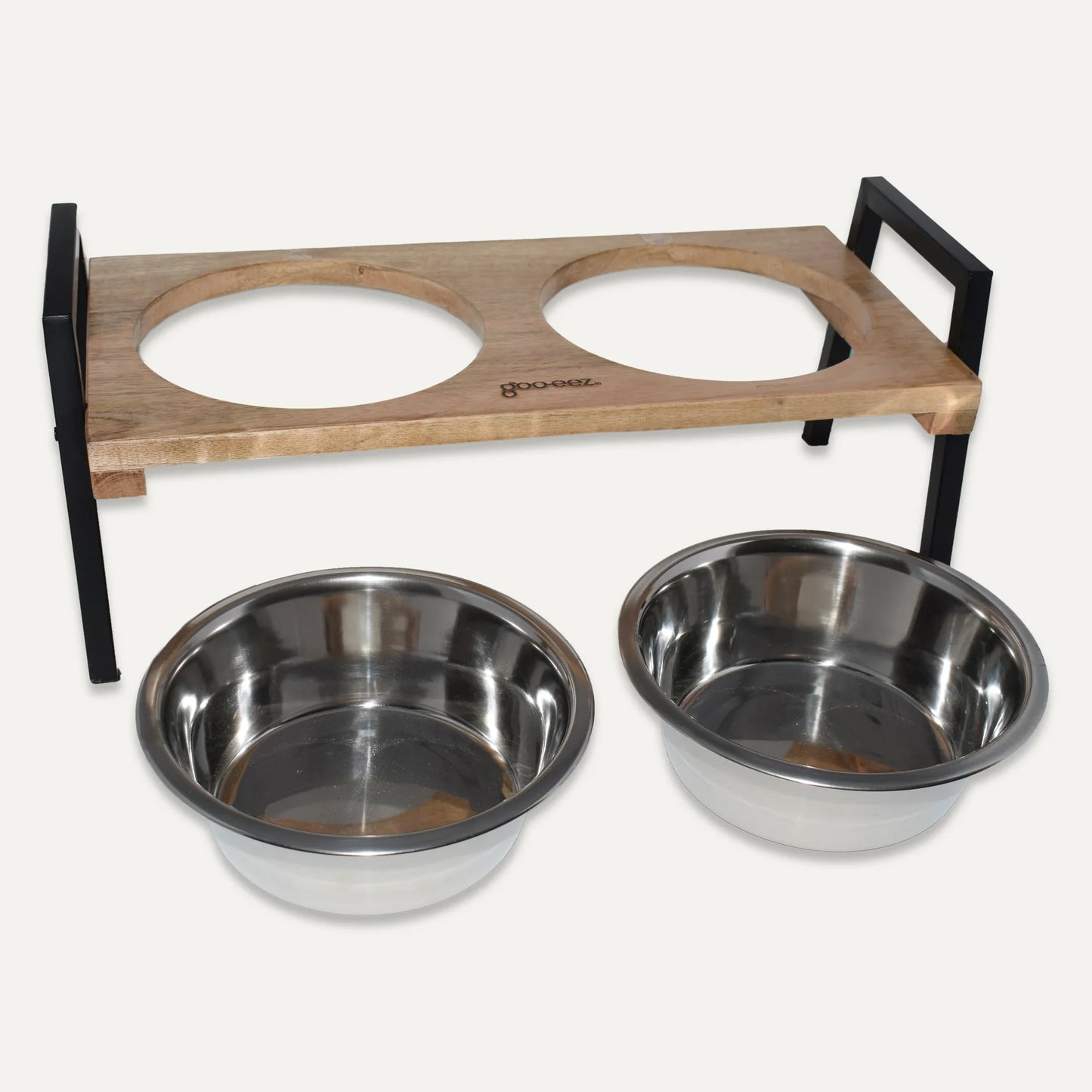 Goo-eez Mango Wood & Metal Double Feeder with Stainless Steel Bowls
